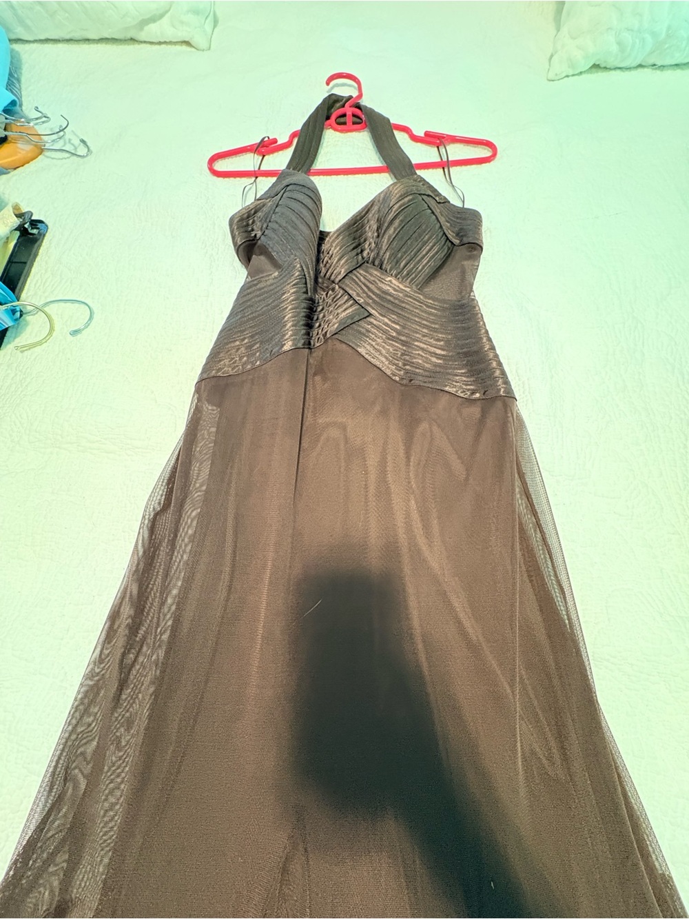 Elegant Chocolate Satin Halter Evening Dress - Size 2